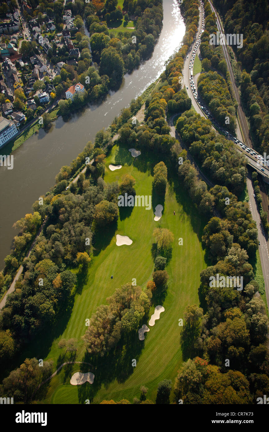 Vue aérienne, au golf, lac Baldeney Baldeneysee, rivière Ruhr, Essen-Werden, Essen, Ruhr, Rhénanie du Nord-Westphalie Banque D'Images