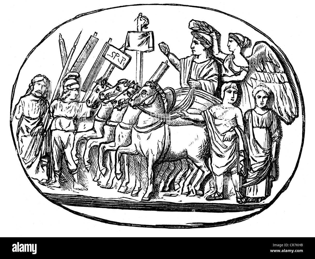 Constantin 'Le Grand' (Flavius Valerius Constantinus), vers 280 - 22.5.337, empereur romain 25.7.306 - 2.5.337, triomphe, pierre gemme, vers 320, gravure sur bois, XIXe siècle, Banque D'Images