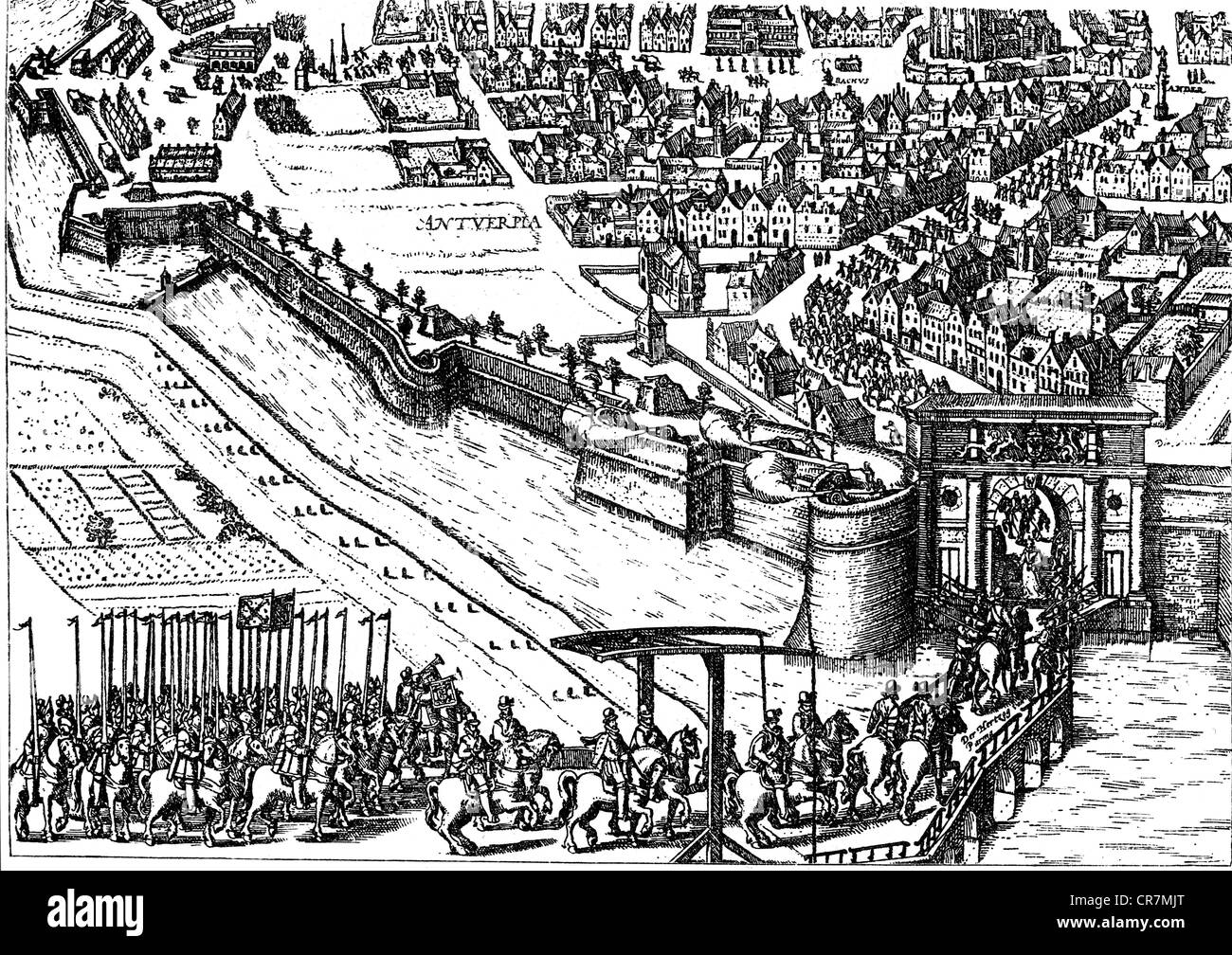 Farnese, Alessandro, 27.8.1545 - 3.12.1592, duc de Parme et Plaisance 18.9.1586 - 3.12.1592, gouverneur des Pays-Bas espagnols 1578 - 1592, l'entrée à Anvers, 27.8.1585, gravure sur cuivre, contemporain de l'artiste n'a pas d'auteur pour être effacé Banque D'Images