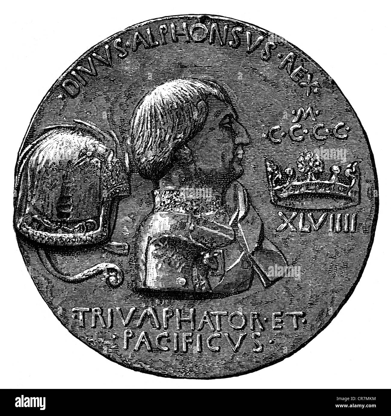 Alfonso V 'le Magnanime', 1396 - 27.6.1458, roi d'Aragon 2.4.1416 - 27.6.1458, portrait, médaille de Vittorio Pisano, 1449, gravure sur bois, XIXe siècle, Banque D'Images