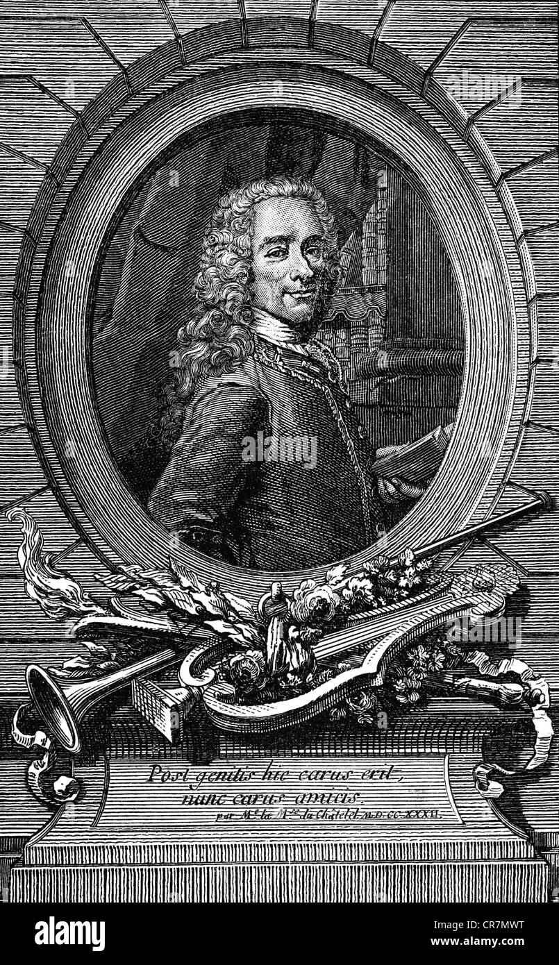 Voltaire, (François Arouet), 21.11.1694 - 30.5.1778, le philosophe français, demi-longueur, après la peinture par de la Tour, 1736, gravure sur cuivre, par Etienne Ficquet (1719 - 1794), 1762, l'artiste n'a pas d'auteur pour être effacé Banque D'Images