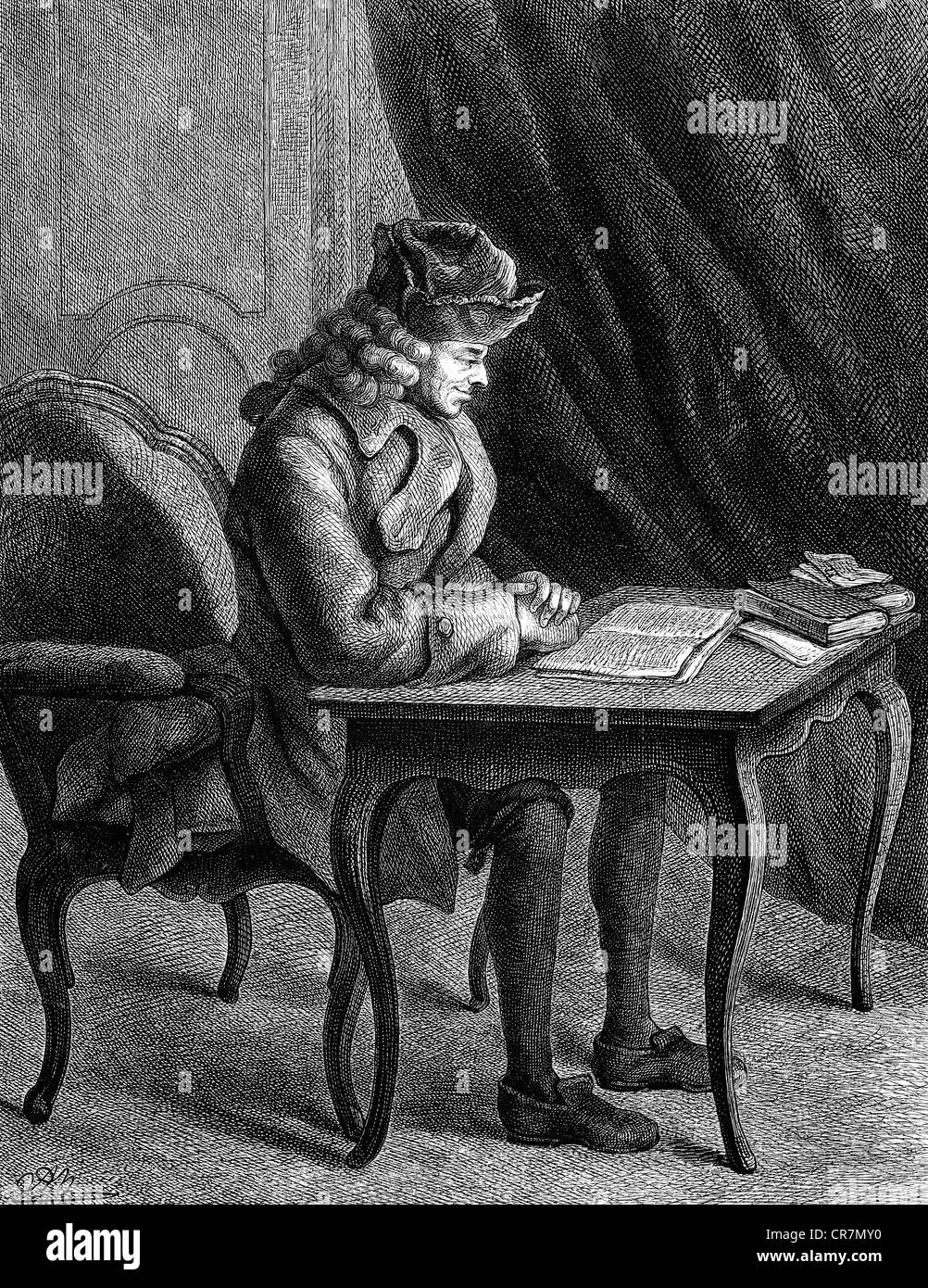 Voltaire, (François Arouet), 21.11.1694 - 30.5.1778, philosophe français, demi-longueur, assis à table, après peinture à l'huile, gravure sur bois, par Adolf Neumann (1825 - 1884), 19ème siècle, , Banque D'Images