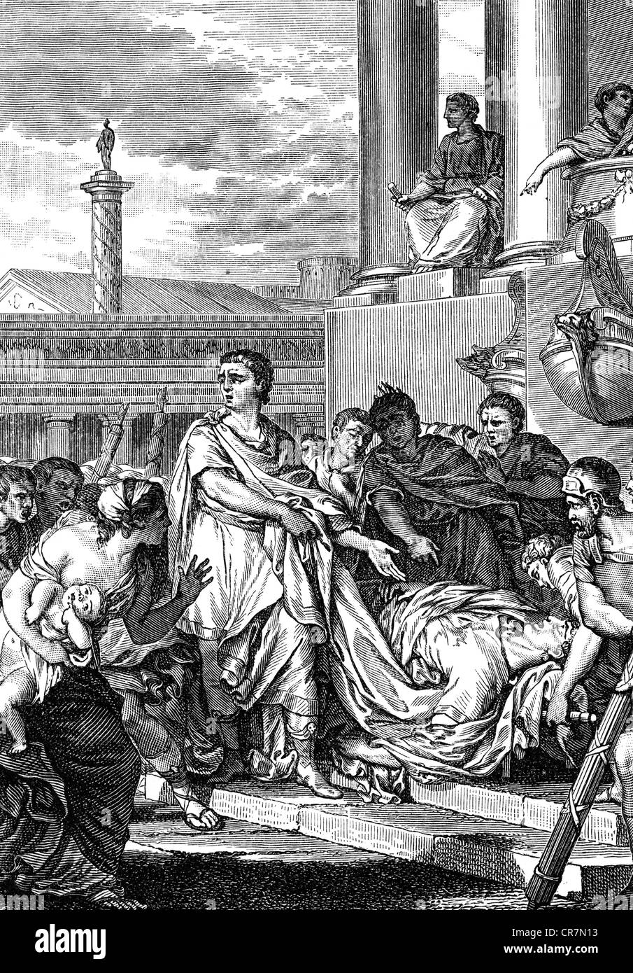 Voltaire, (François Arouet), 21.11.1694 - 30.5.1778, le philosophe français, l'illustration pour la dernière scène du 3e acte de la tragédie de la mort 'Cesar' (La mort de César), après avoir tracé par Moreau et gravure sur cuivre par Duclosm la gravure sur bois, par Jules Huyot (1841 - 1885), 19e siècle, l'artiste a le droit d'auteur , de ne pas être effacé Banque D'Images