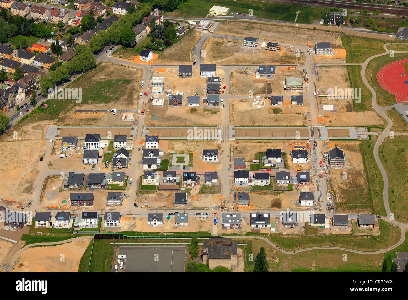 Vue aérienne, zone de développement, housing estate, ancienne base militaire Caserne Preston, Maybacher Heide, Recklinghausen, Ruhr Banque D'Images