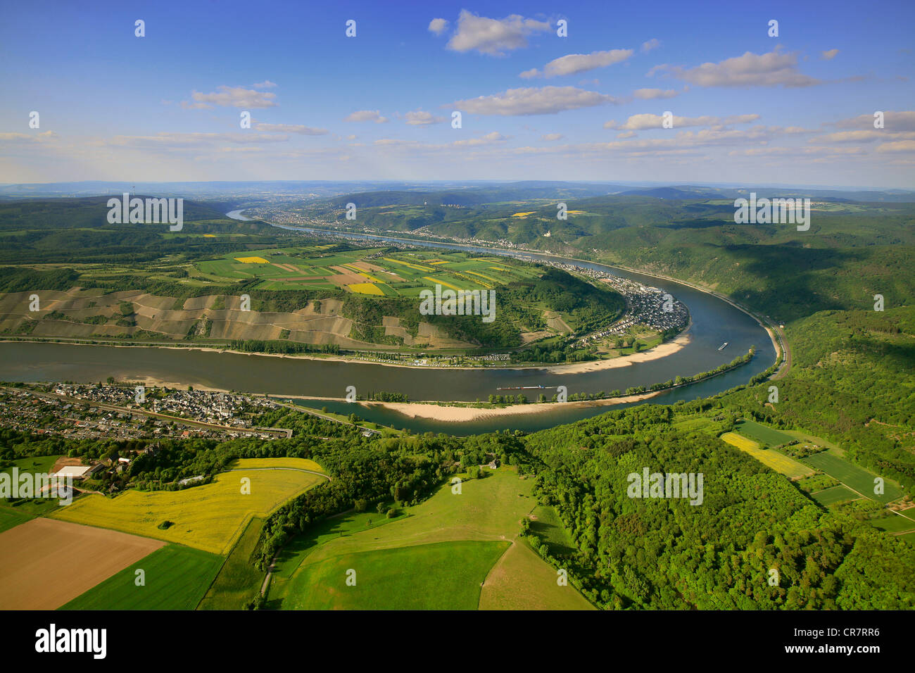 Vue aérienne, boucle du Rhin près de l'eau faible, Oberspey, Boppard, Rhénanie-Palatinat, Allemagne, Europe Banque D'Images