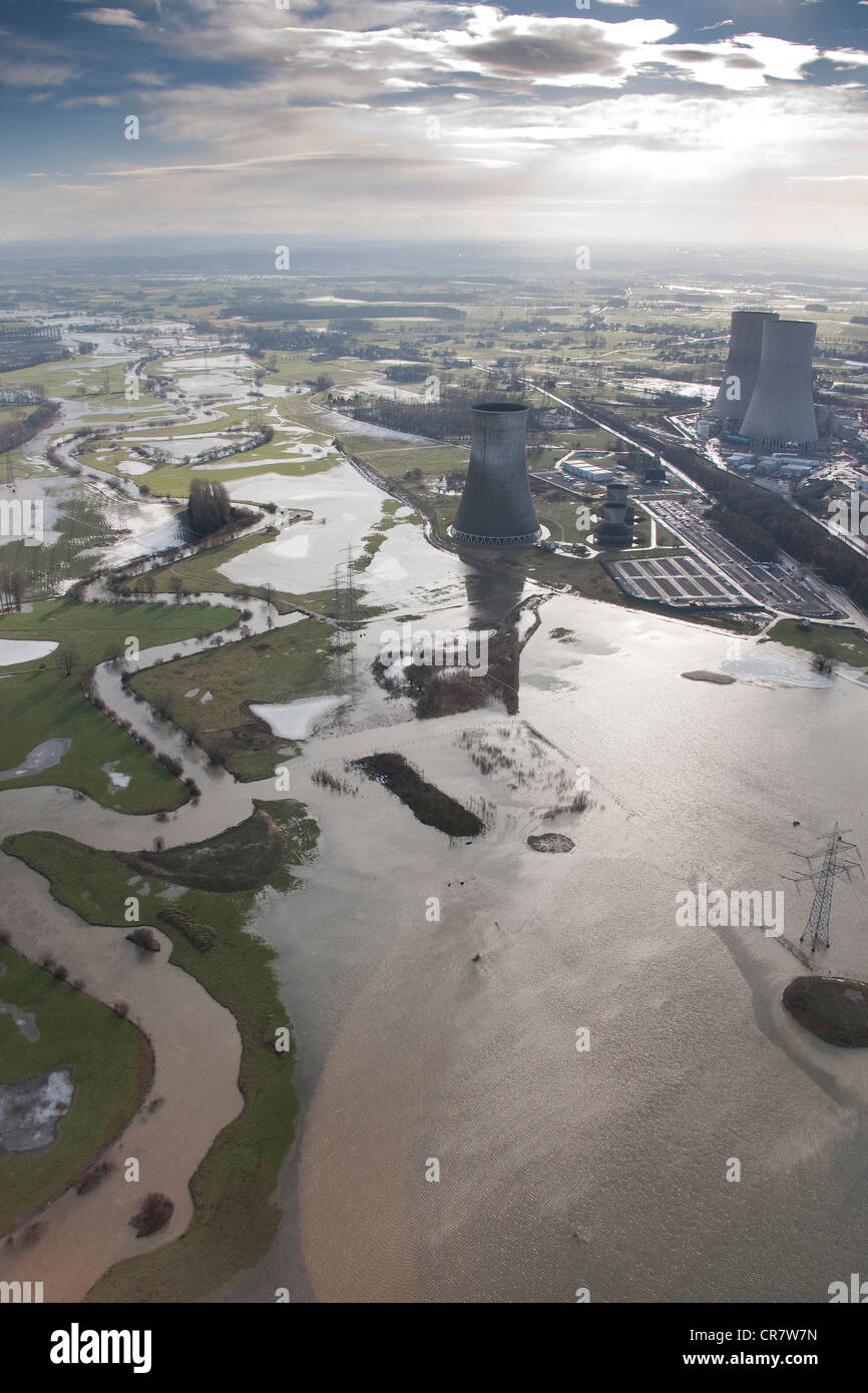 Vue aérienne de l'hiver, les inondations, Westfalen power plant, RWE Power, power plant construction site, Hamm, Lippetal, région de la Ruhr Banque D'Images