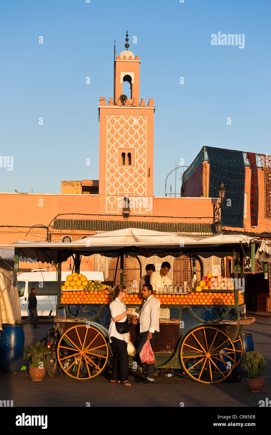 Le Maroc, Haut Atlas, Marrakech, ville impériale, Medina, au patrimoine mondial de l'UNESCO Place Jemma el Fna, couple de touristes de boire Banque D'Images