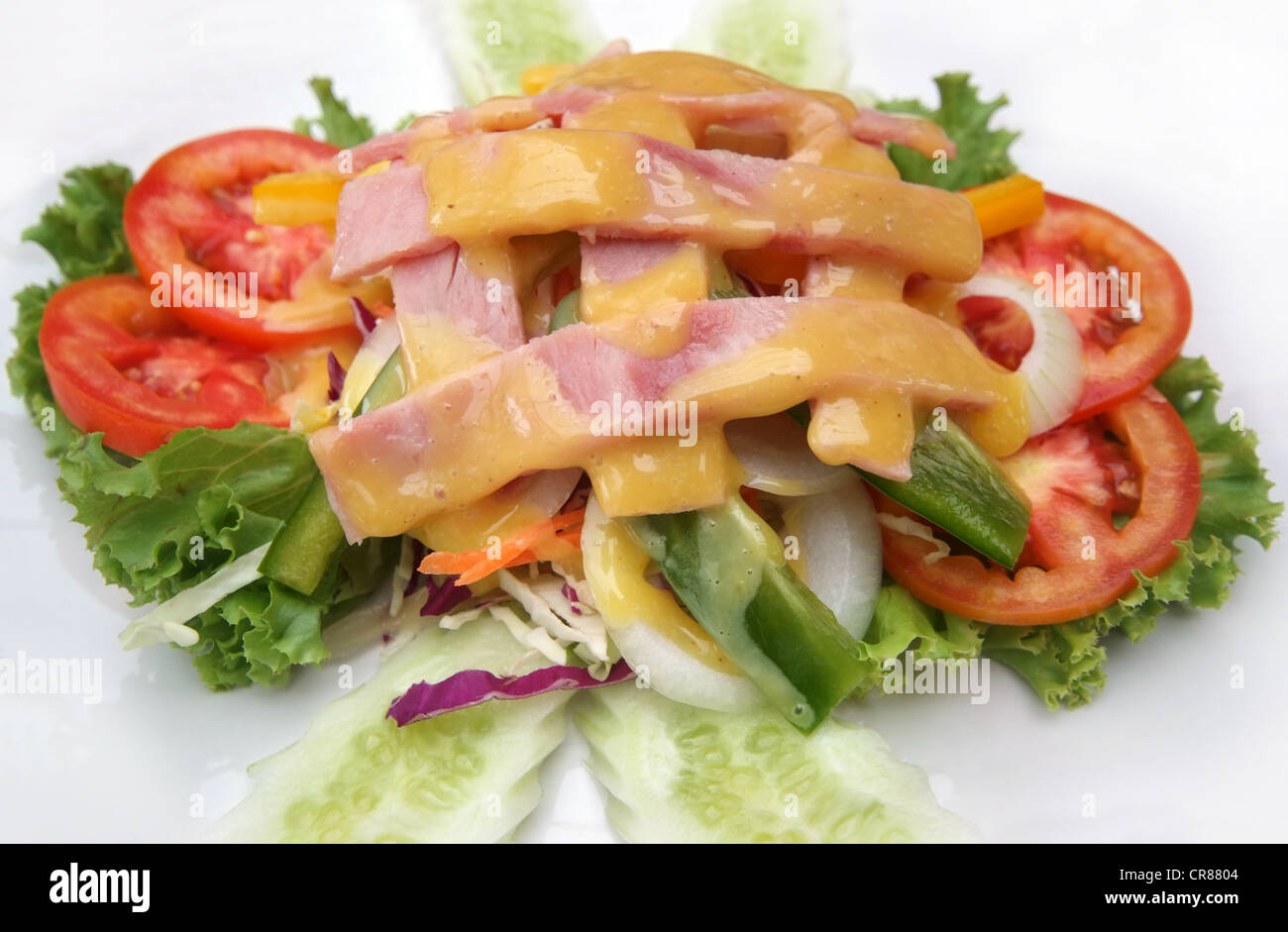 Salade de jambon avec des légumes sur plaque blanche. Banque D'Images