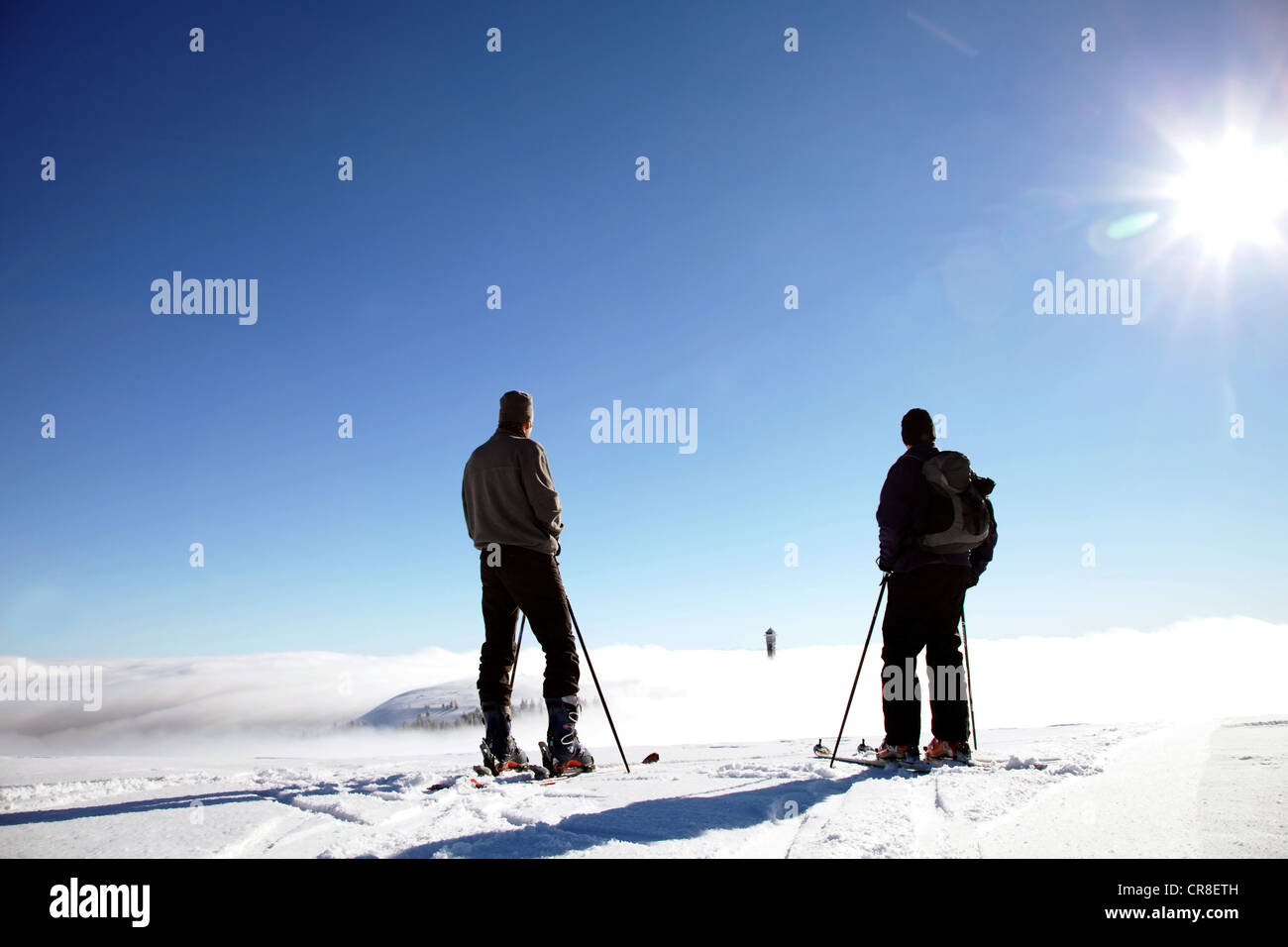 Deux skieurs de fond profitant de la vue depuis le sommet du mont Feldberg à Seebuck Mountain dans le brouillard Banque D'Images