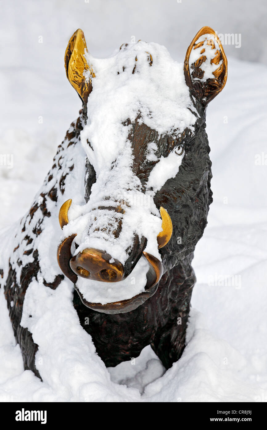 Sculpture en bronze, sanglier couverte de neige en hiver, les illustrations à l'entrée de Wildpark Schwarze Berge Banque D'Images