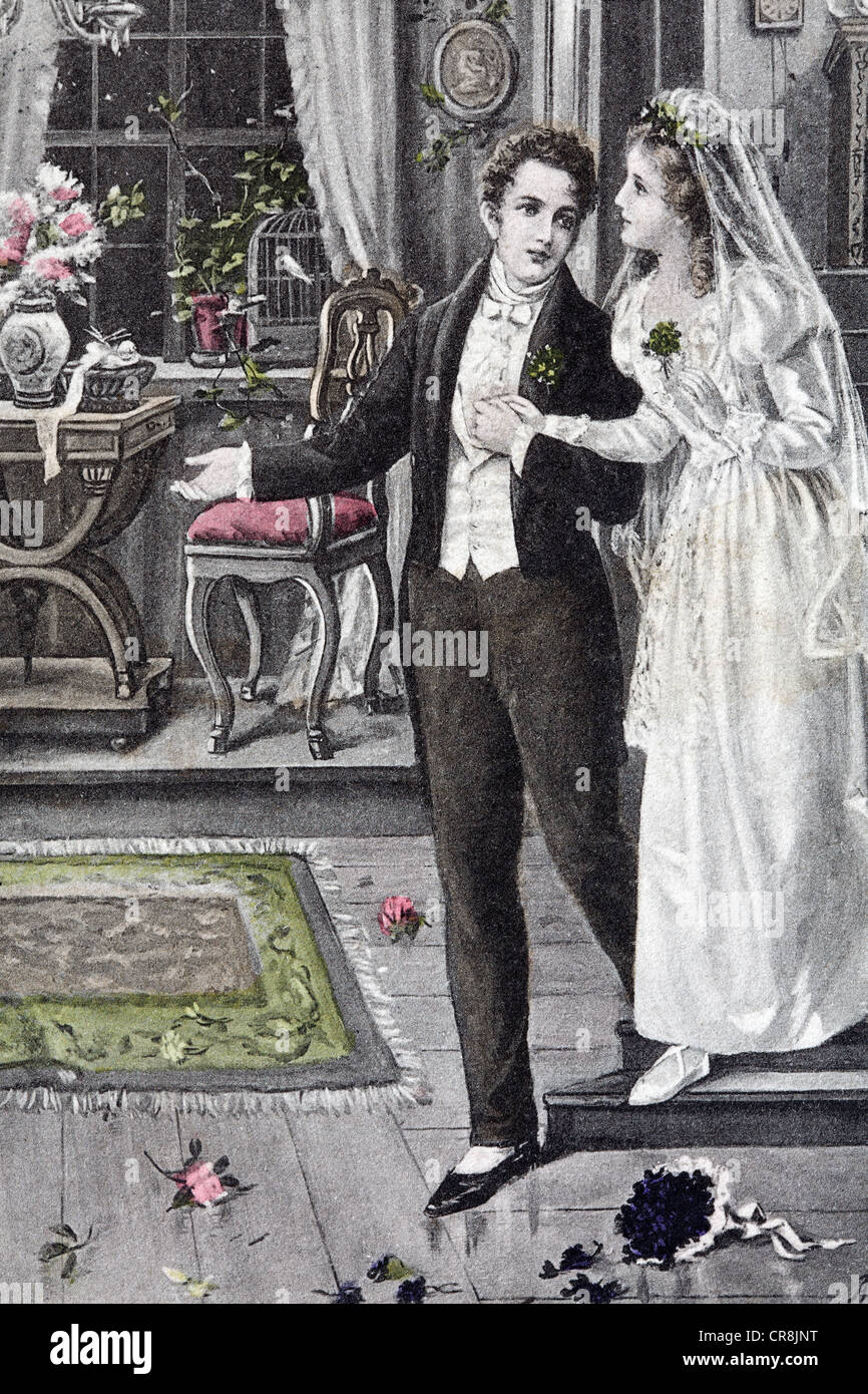Mariée et le marié dans leur appartement, carte postale historique, vers 1900, le kitsch Banque D'Images
