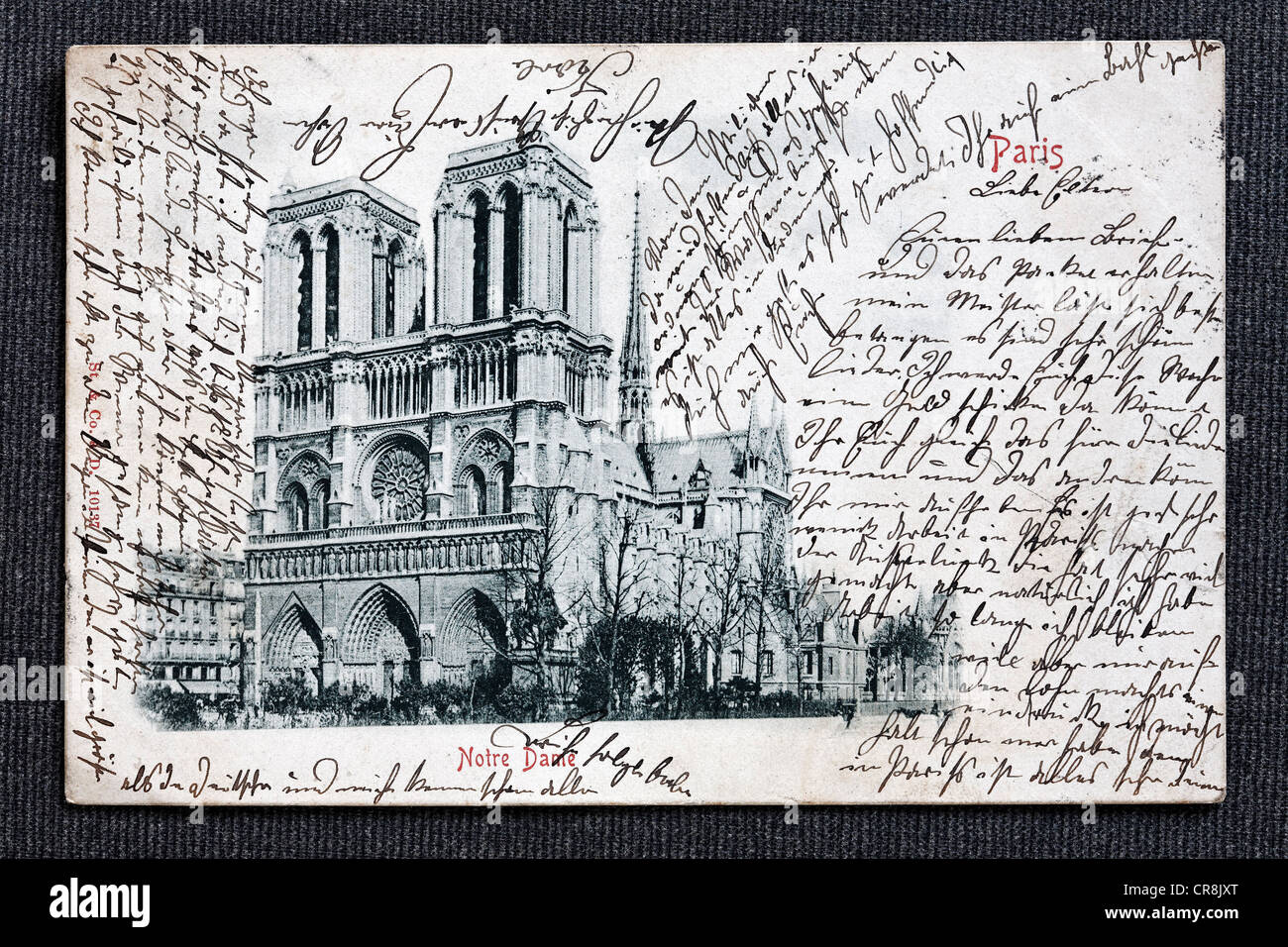 Notre-Dame de Paris, cathédrale, France, historique, cartes postales, lettres cursives vers 1900 Banque D'Images