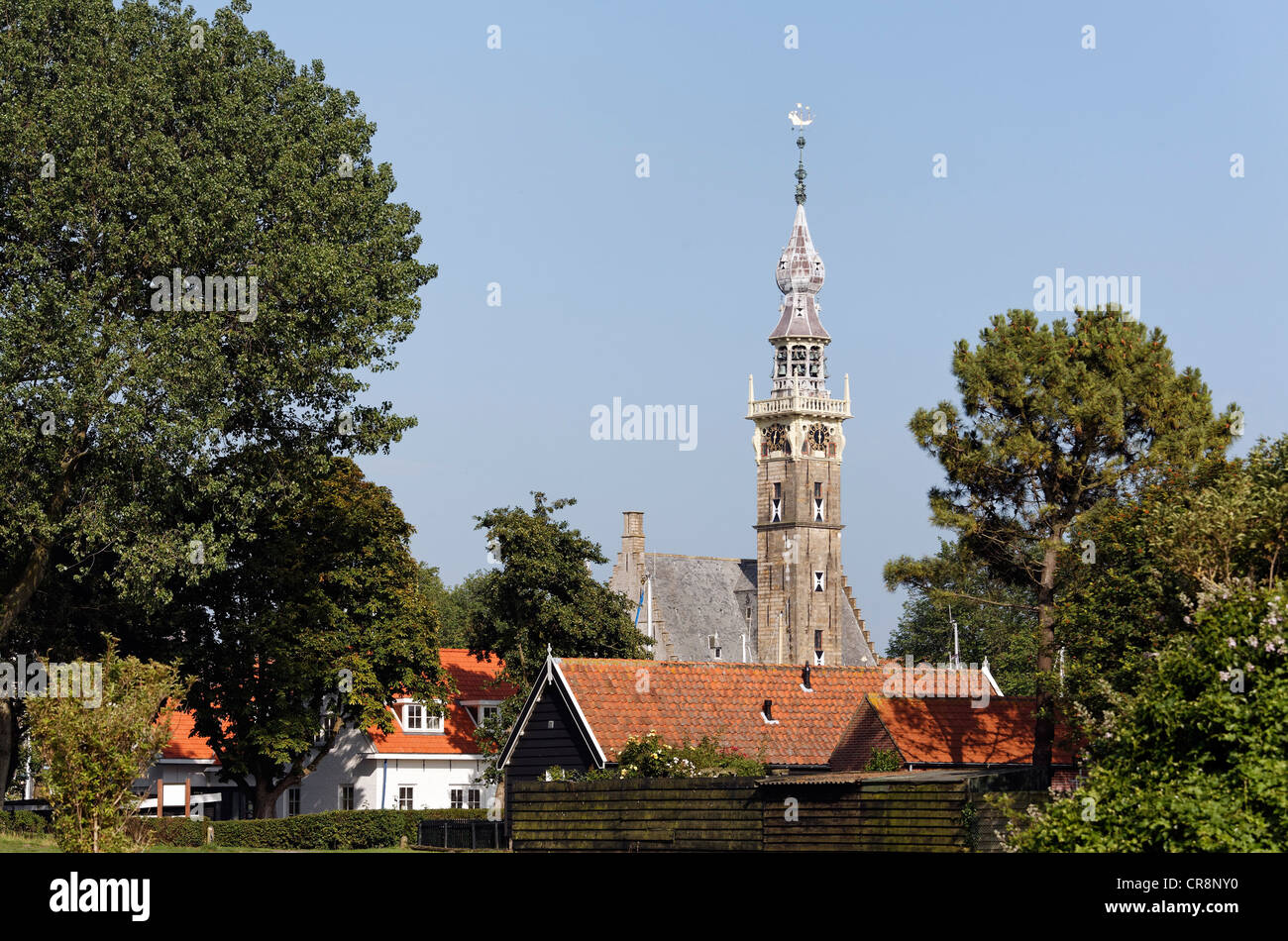 Late-Gothic Stadthuis, tour de ville de ville, centre historique de la ville de Veere, Walcheren, Zélande, Pays-Bas, Europe Banque D'Images