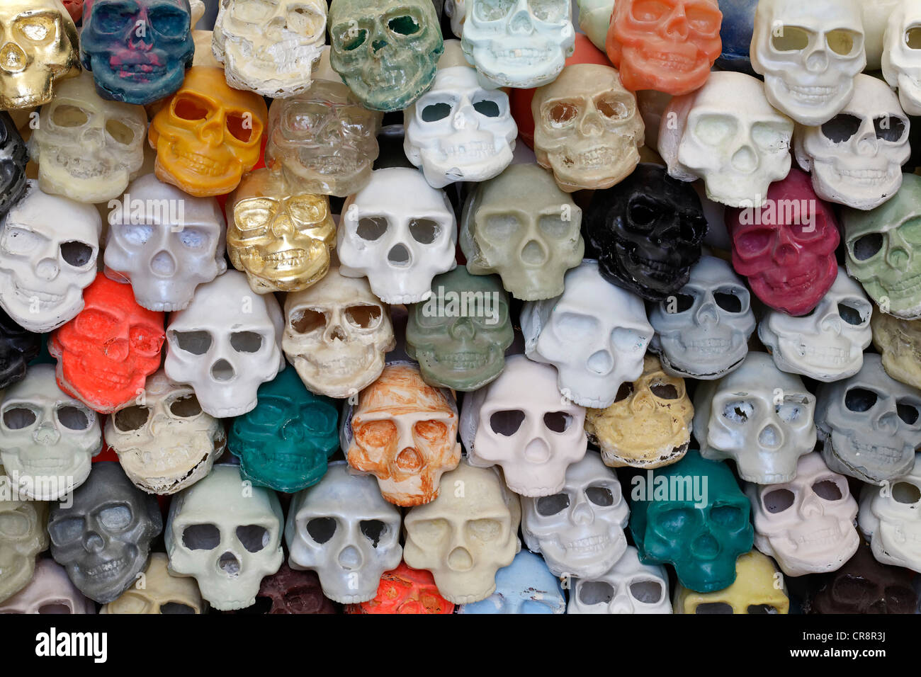 Des crânes en plastique peintes de couleurs vives, d'art, exposition de travaux d'étudiants, Kunstakademie Düsseldorf arts academy Banque D'Images