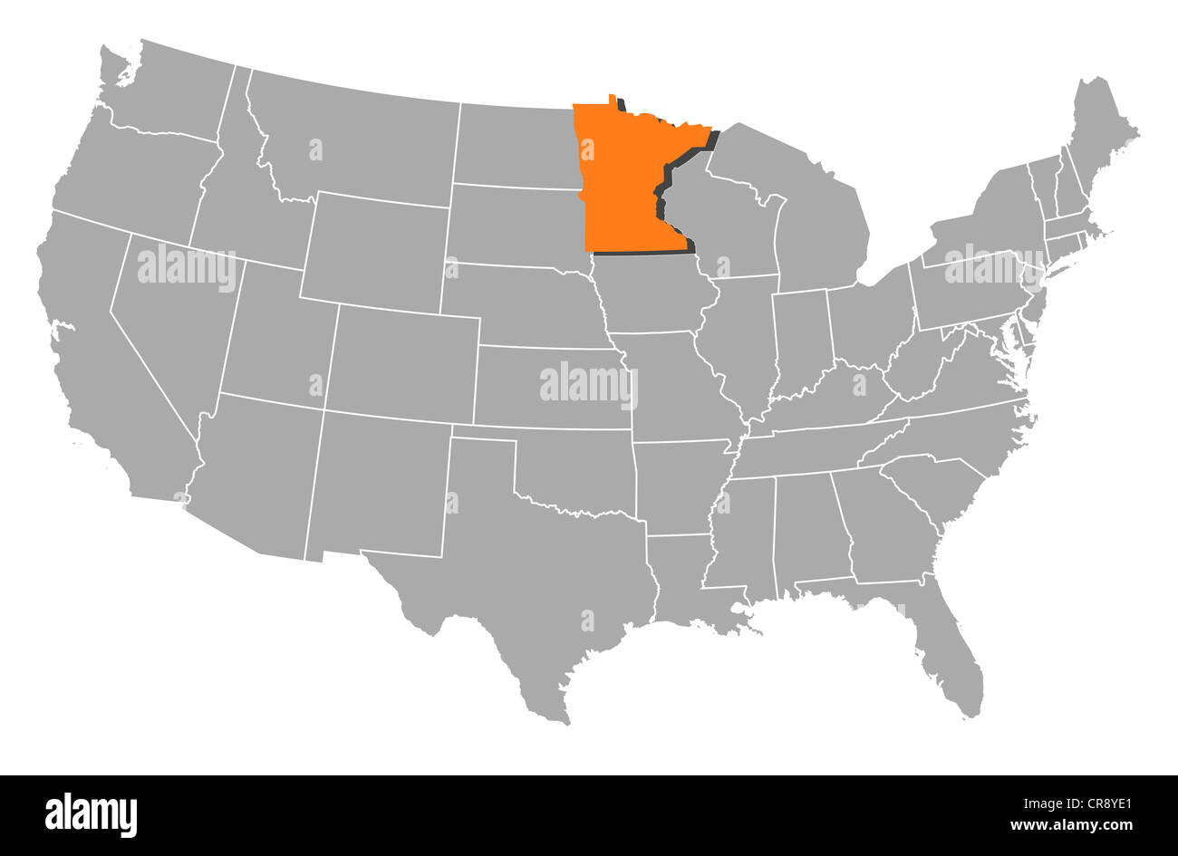 Carte politique des Etats-Unis avec les divers états du Minnesota où est mis en évidence. Banque D'Images