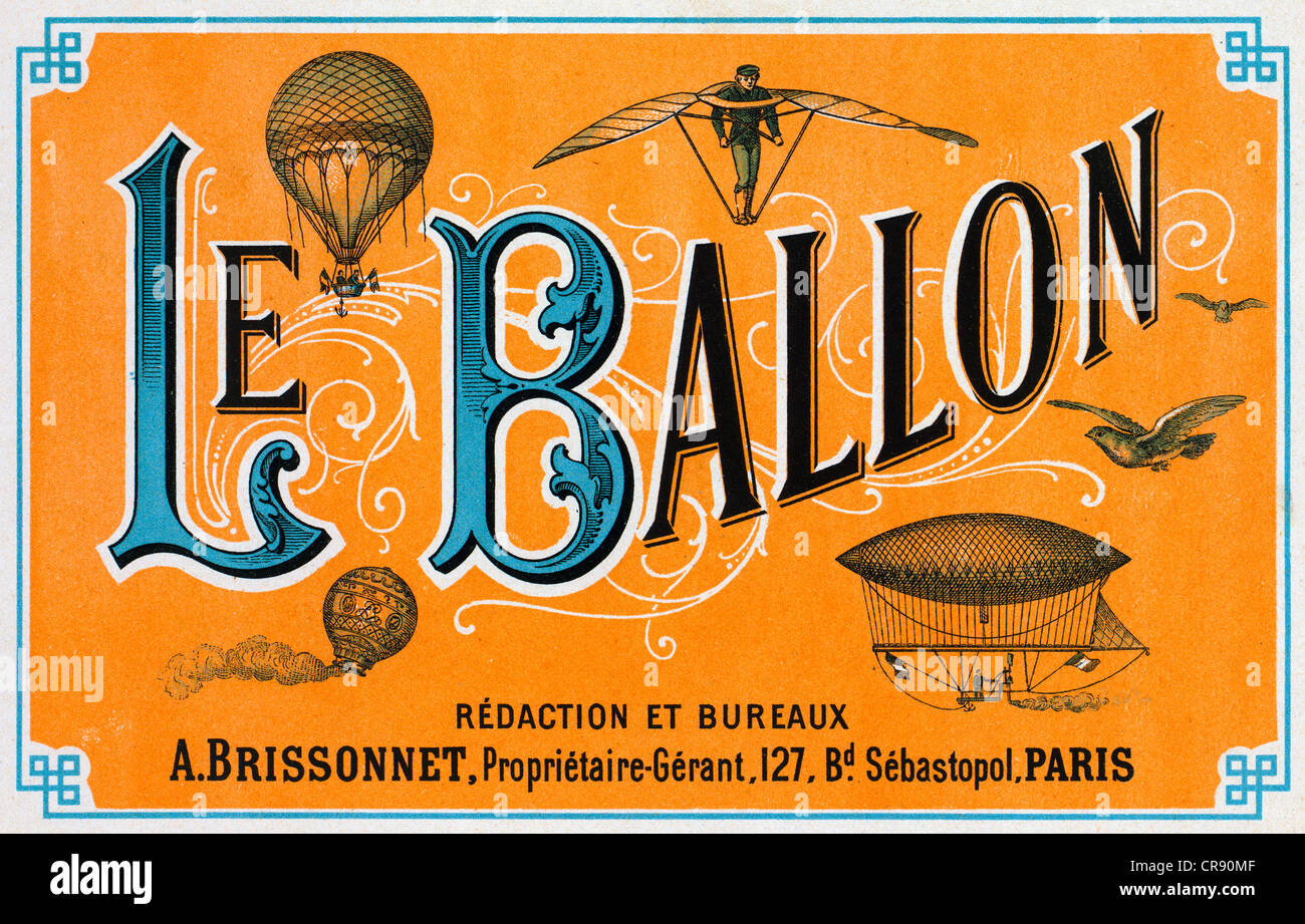 Français restauré vintage 1883 Le Ballon à Paris lithographie avec des ballons et des machines volantes steampunk Banque D'Images