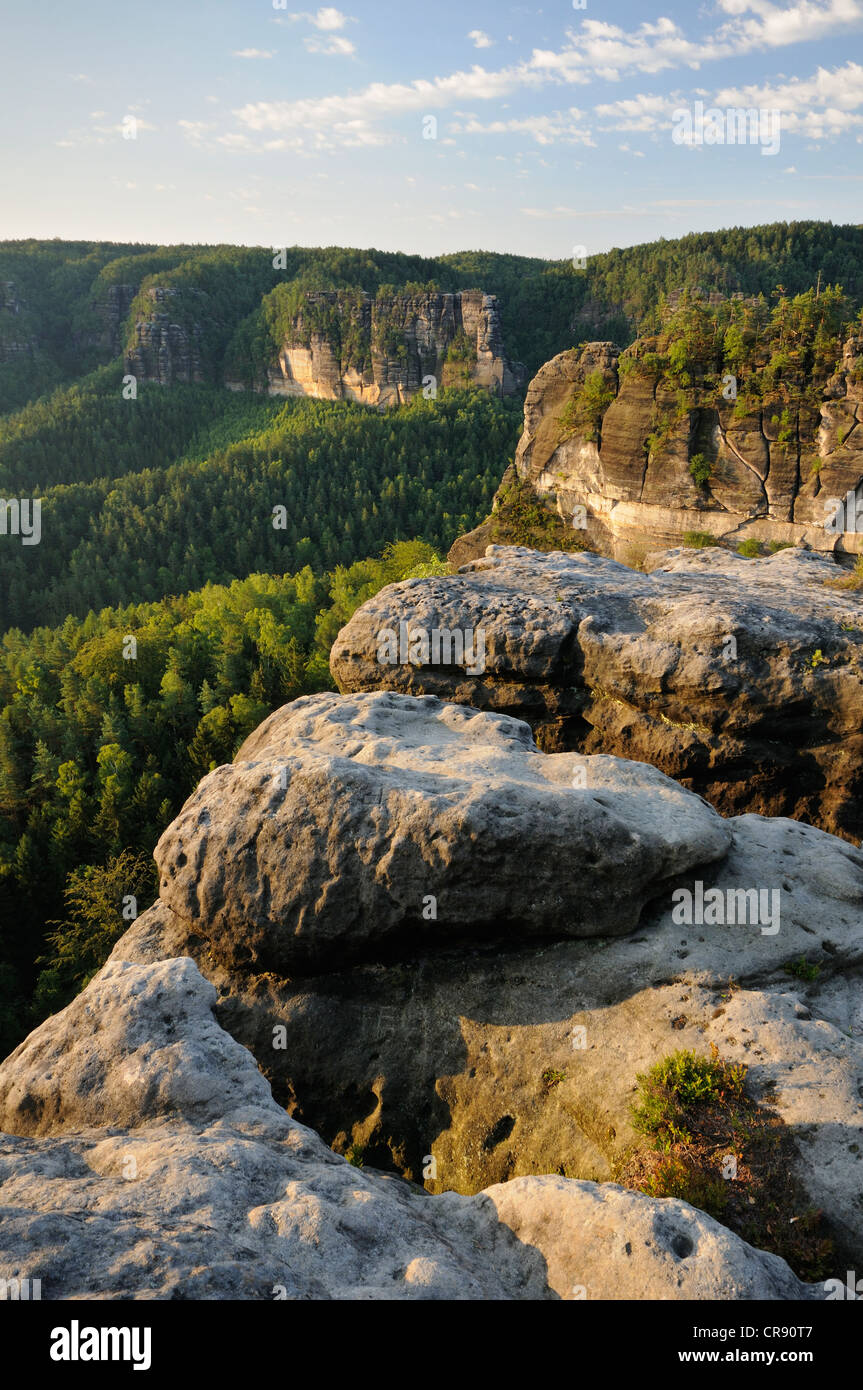Paysage rocheux, Mt. Kleiner Winterberg, des montagnes de grès de l'Elbe, la Suisse Saxonne Parc National, Saxe, Allemagne, Europe Banque D'Images