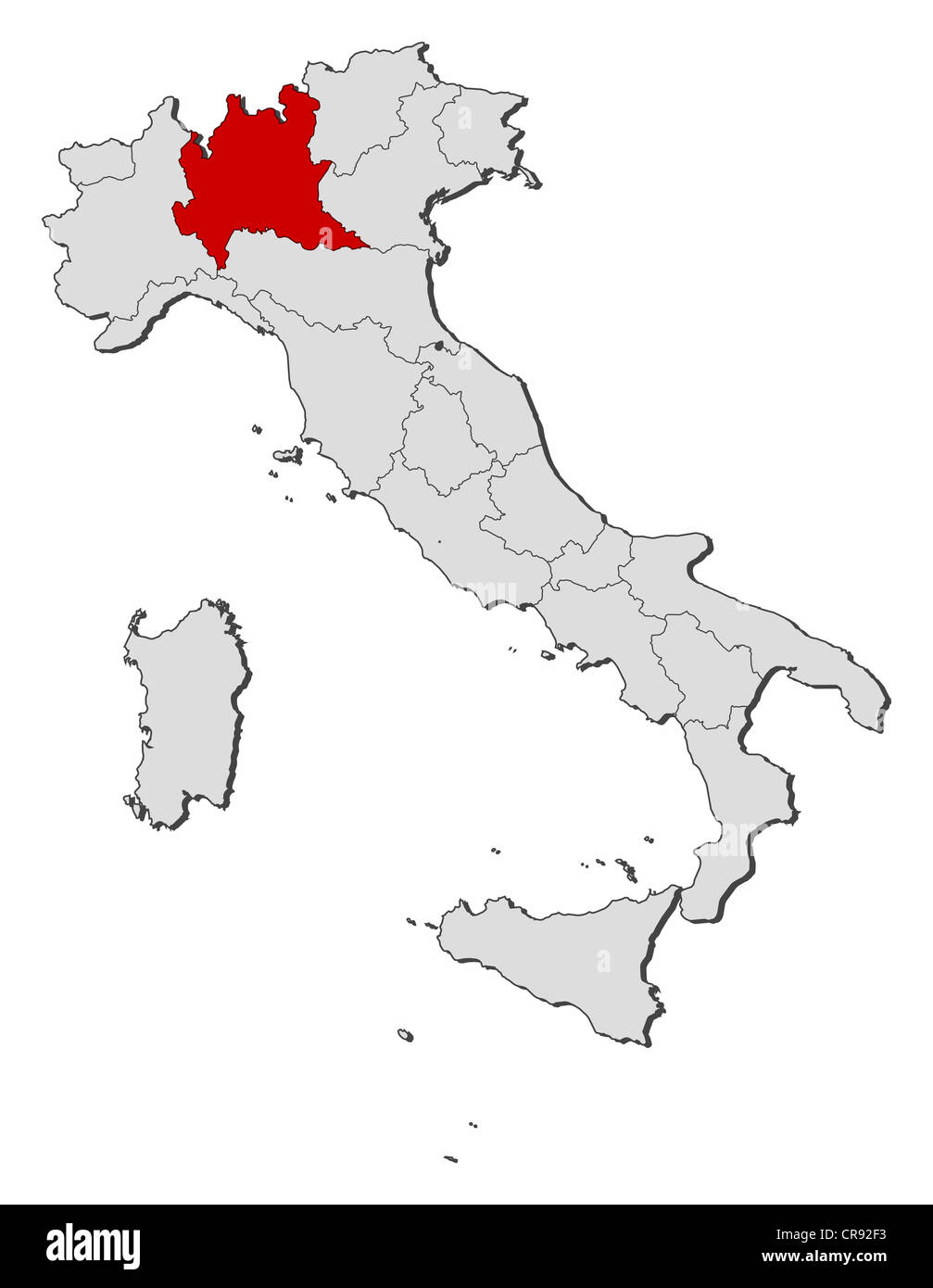 Carte politique de l'Italie avec plusieurs régions où la Lombardie est mis en évidence. Banque D'Images