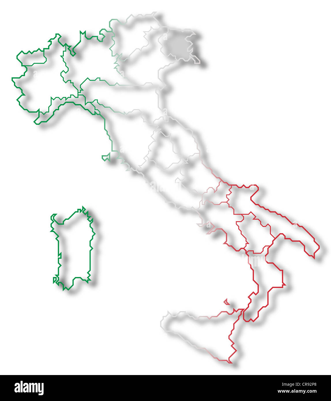 Carte politique de l'Italie avec les diverses régions où Friuli-Venezia Giulia est en surbrillance. Banque D'Images