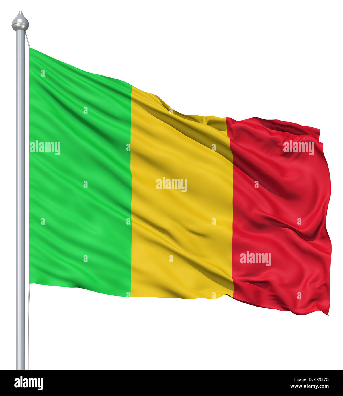 Pavillon du Mali avec mât de forme dans le vent contre fond blanc Banque D'Images