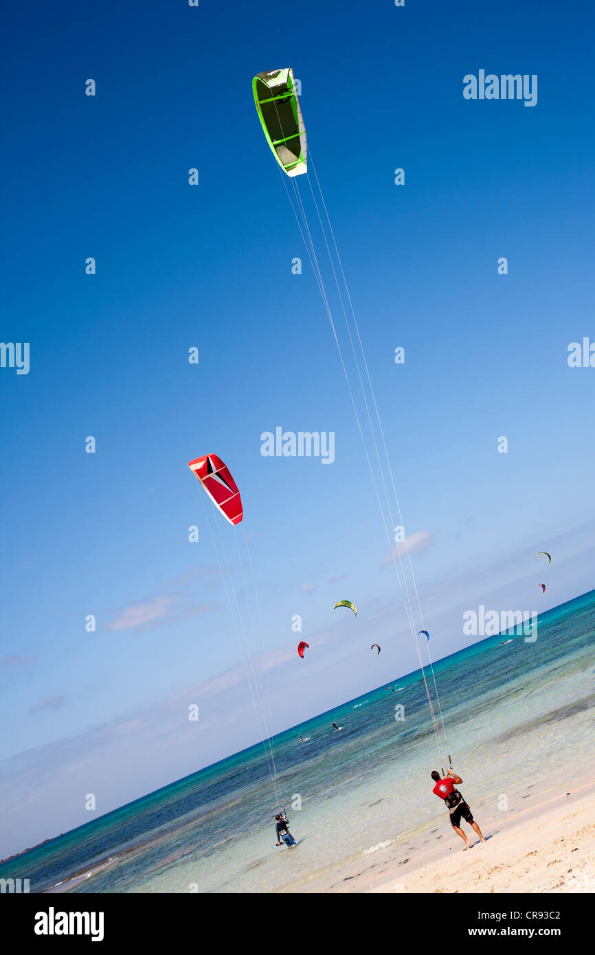 Windsurf et Kitesurf Beach Flag, Fuerteventura, Îles Canaries, Espagne Banque D'Images