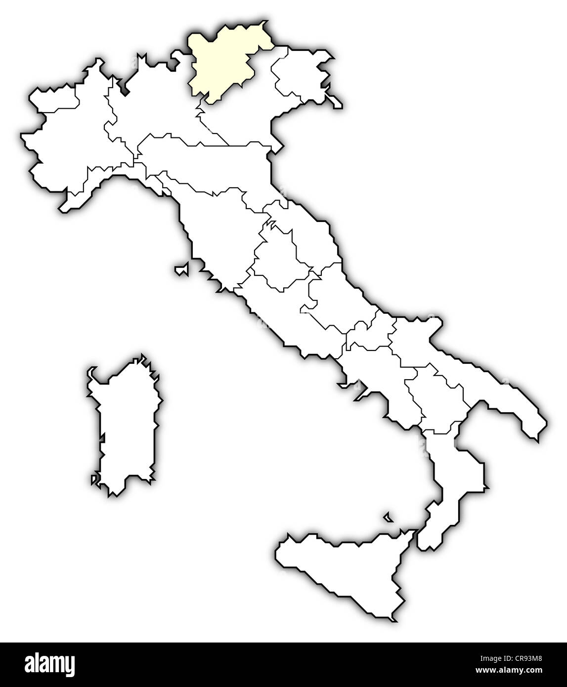 Carte politique de l'Italie avec les diverses régions où Trentino-Alto Adige/Südtirol est mis en évidence. Banque D'Images