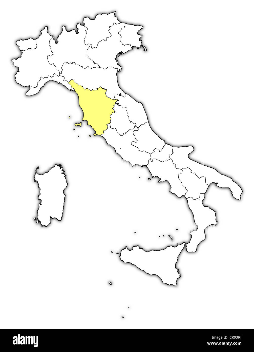 Carte politique de l'Italie avec l'plusieurs régions où la Toscane est en surbrillance. Banque D'Images