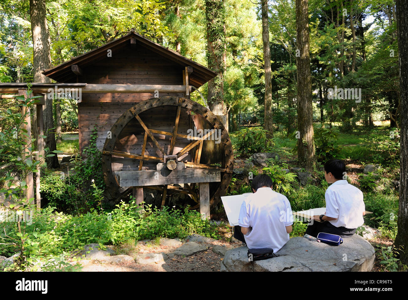 Les enfants de l'école et les plantes dessin un moulin à riz toute la journée au jardin botanique de Kyoto, l'Asie de l'Est, Asie Banque D'Images