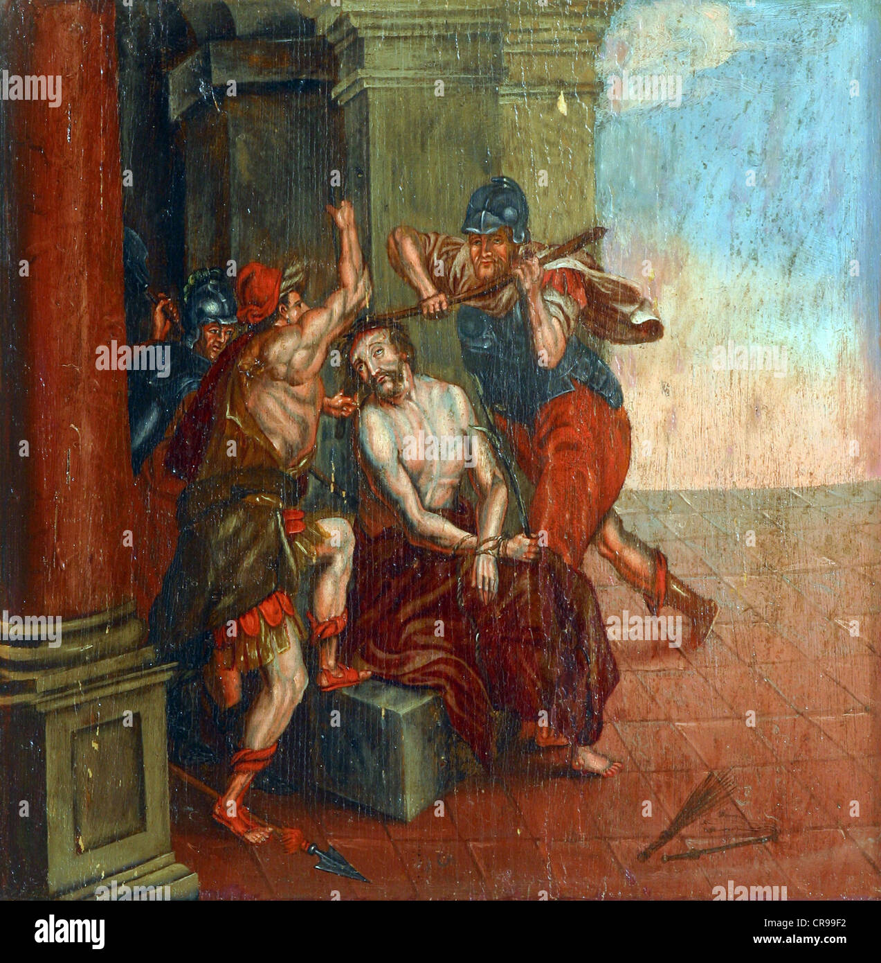 Soldats tresse une couronne d'épines, et le mettre sur la tête de Jésus Banque D'Images