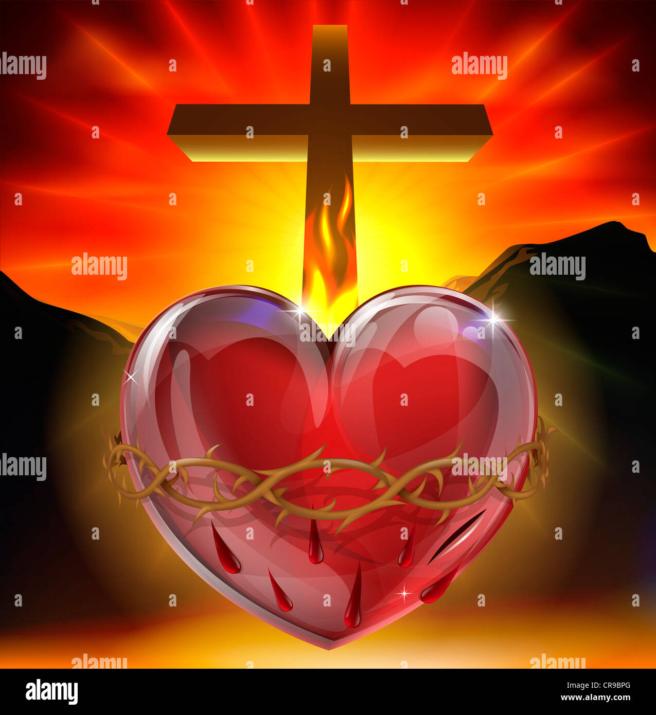 Illustration Du Symbole Chretien Du Sacre Cœur Coeur Brillants De Lumiere Divine Couronne D Epines Lance Flamme Et Blessure Photo Stock Alamy