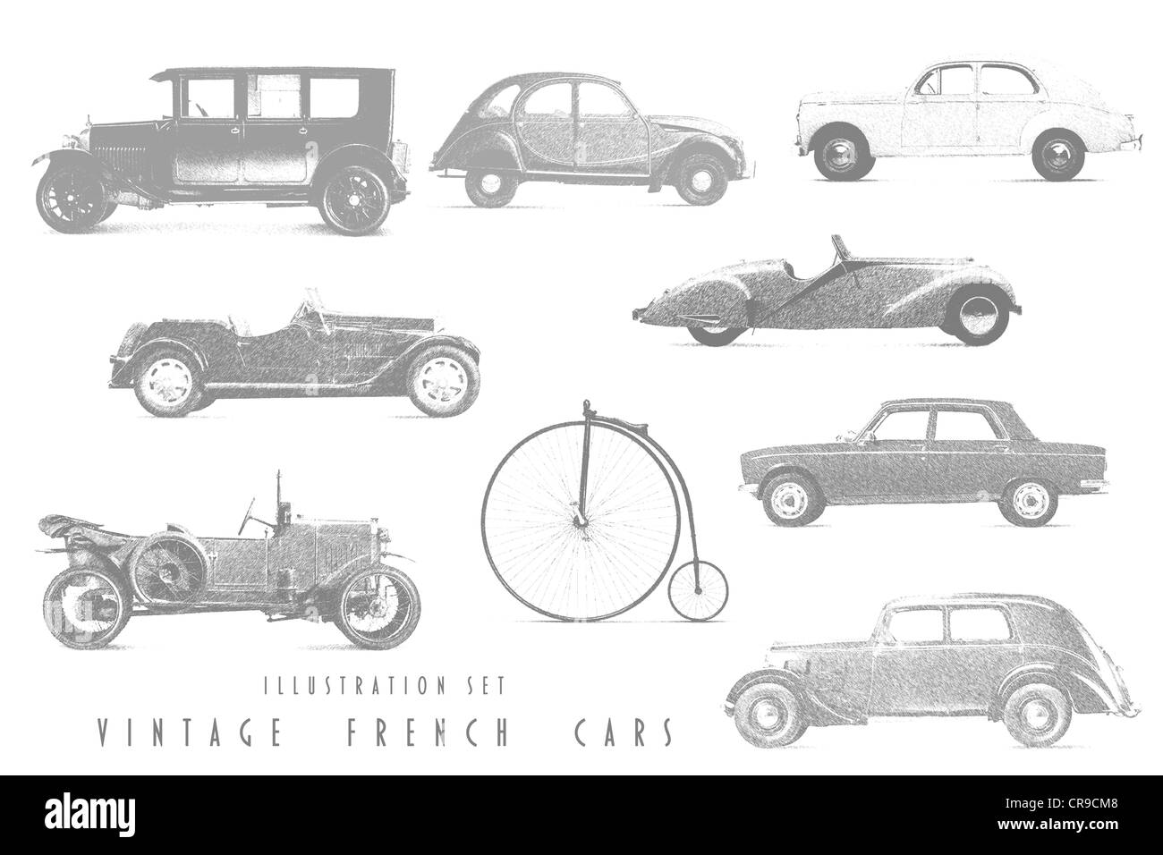 Illustration Set Vintage voitures françaises Banque D'Images