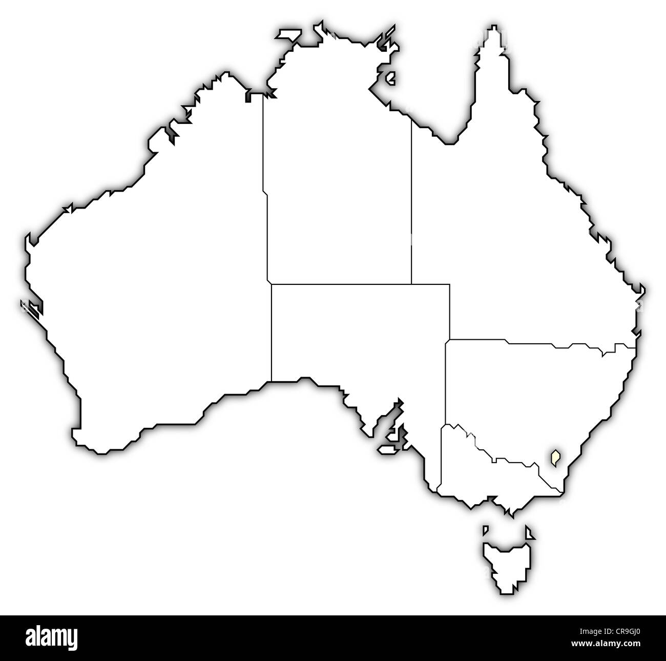 Carte politique de l'Australie avec le territoire de la capitale de plusieurs États où est mis en évidence. Banque D'Images