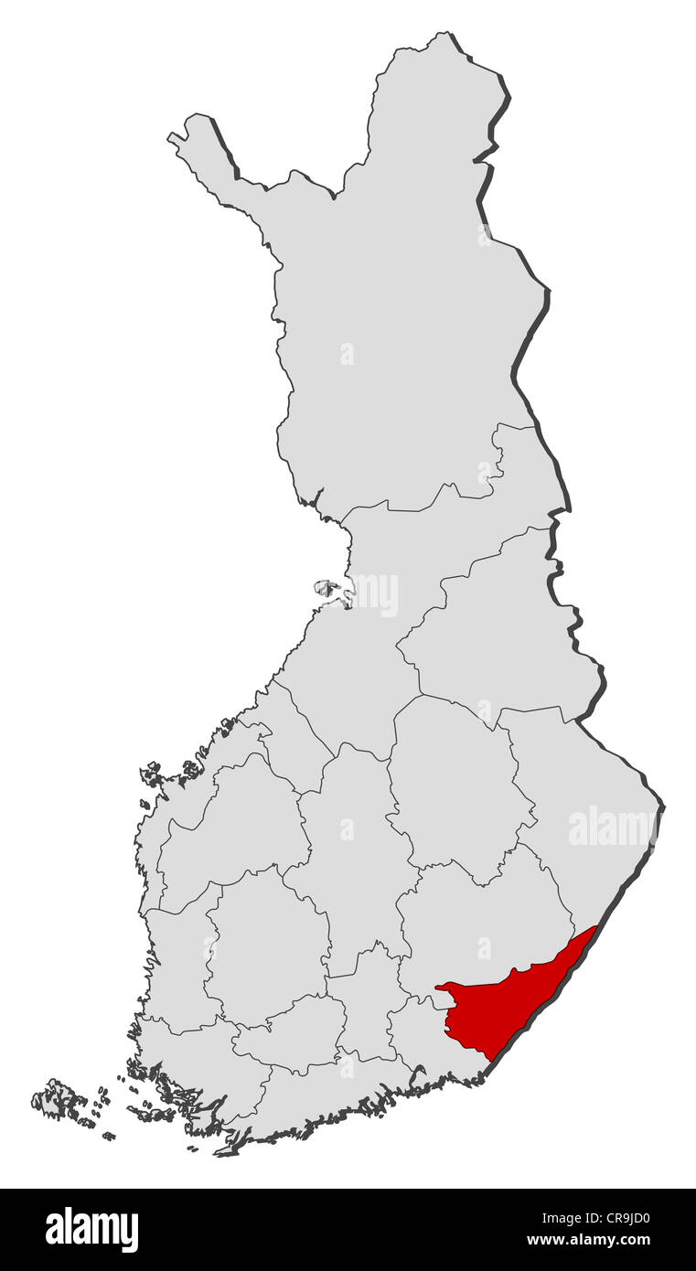 Carte politique de la Finlande avec plusieurs régions où la Carélie du Sud est en surbrillance. Banque D'Images