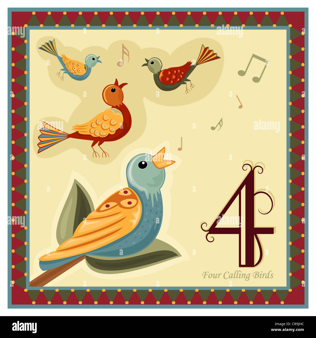 Les 12 Jours de Noël - 4-ème jour - quatre oiseaux appelant. Carte de vœux religieux avec la frontière de fête. Banque D'Images