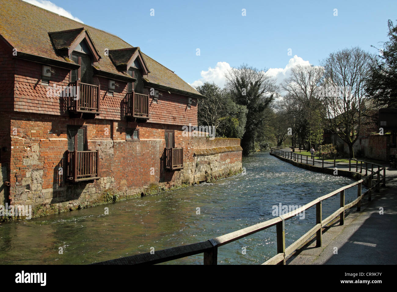 La rivière qui coule à travers Itchen la ville de Winchester, Hampshire, Angleterre. Banque D'Images