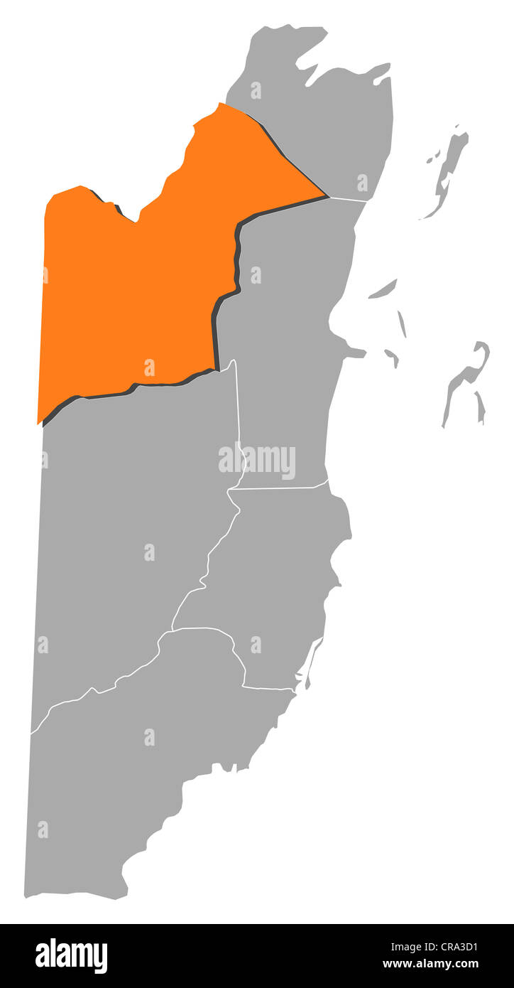 Carte politique du Belize avec les diverses provinces où Orange Walk est en surbrillance. Banque D'Images