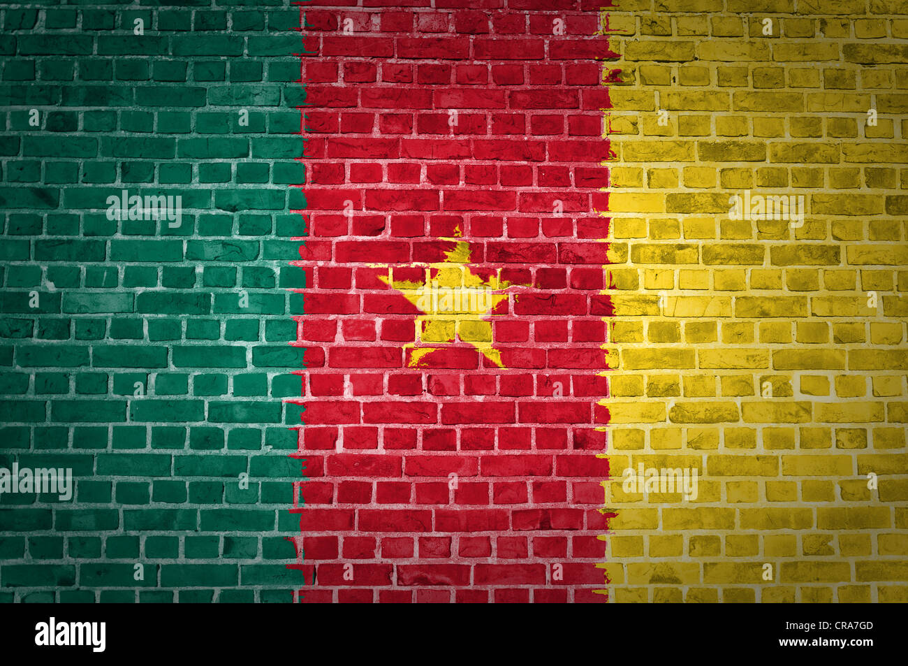 Une image de l'Cameroun drapeau peint sur un mur de briques dans une localisation urbaine Banque D'Images