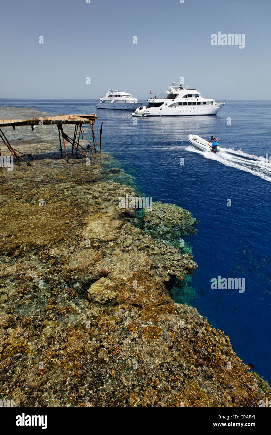 Les bateaux de plongée l'ancre au large de la jetée en face du récif haut, caoutchouc dhingy, Daedalus Reef, Egypte, Mer Rouge, Afrique Banque D'Images
