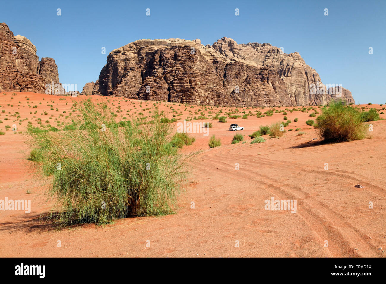 Montagnes, vastes plaines, désert d'arbustes et d'un véhicule hors route, Wadi Rum, Royaume hachémite de Jordanie, Moyen-Orient, Asie Banque D'Images