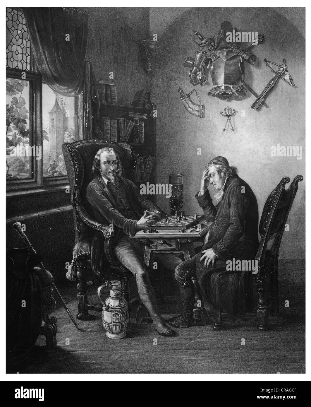 Joueurs d'échecs, historique de 1852 gravure Banque D'Images