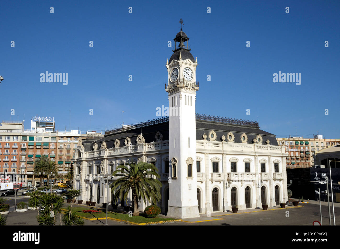 Les bâtiments du port, Valencia, Espagne, Europe Banque D'Images
