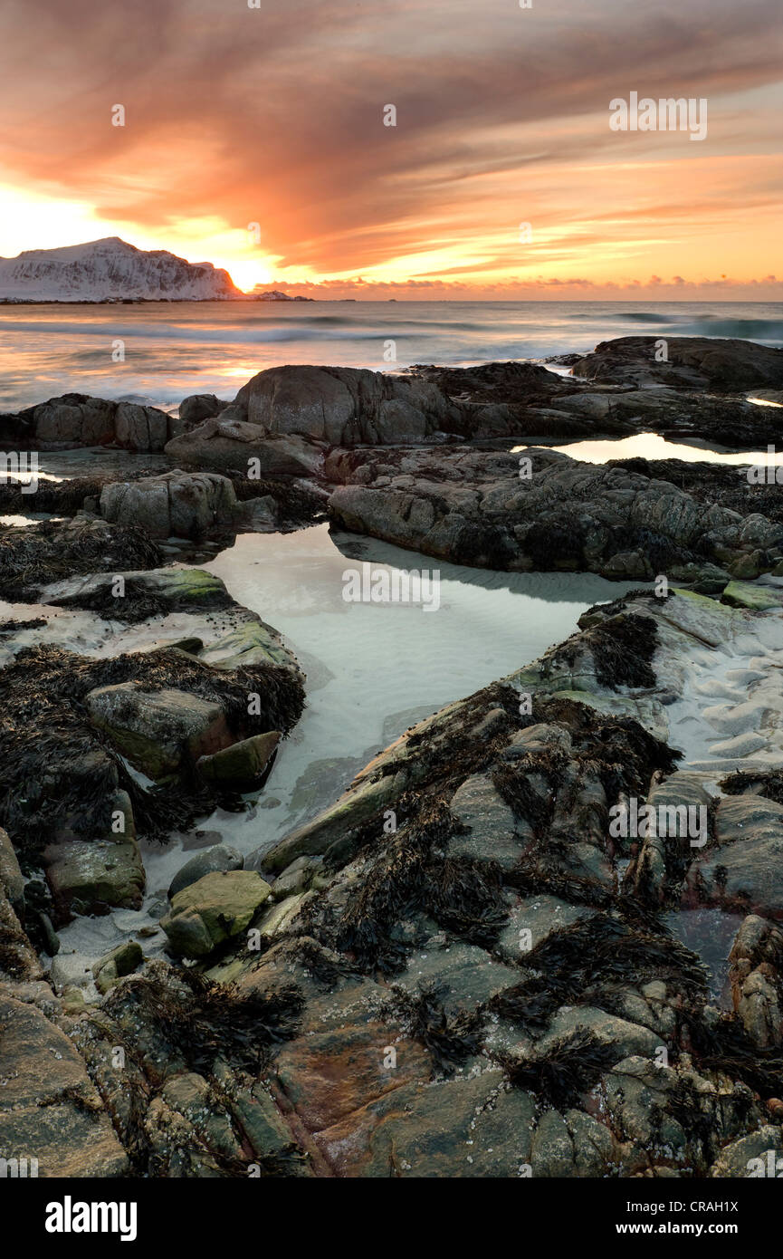 L'humeur du soir à Skagsanden, plage près de Flakstad, Flakstadsøya, îles Lofoten, Nordland, Norvège, Europe Banque D'Images L'humeur du soir à Skagsanden, plage près de Flakstad, Flakstadsøya, îles Lofoten, Nordland, Norvège, Europe Banque D'Images