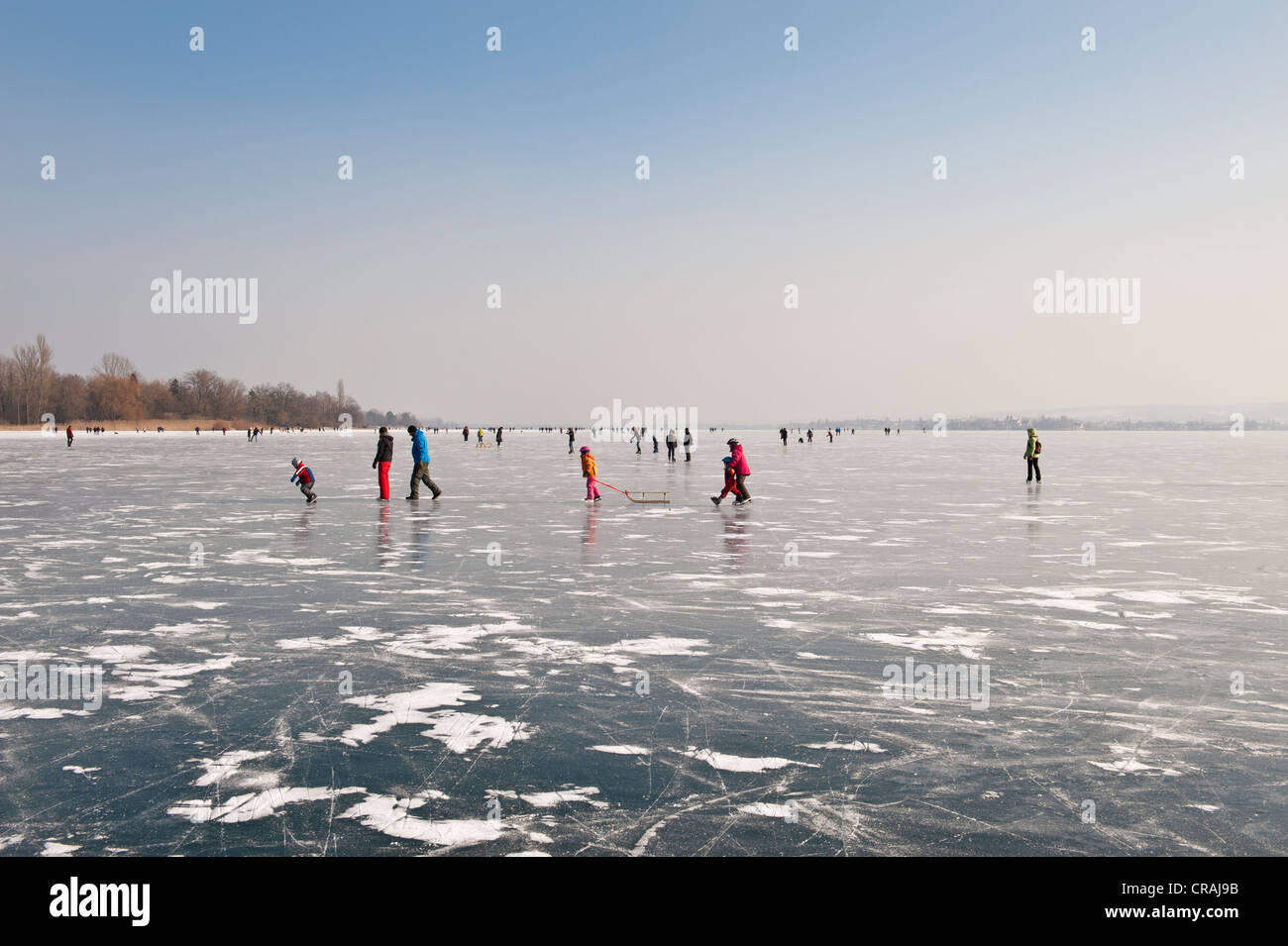 Les gens qui marchent sur la glace d'un lac gelé de Constance, Markelfinger Winkel, Radolfzell, Constance district, Bade-Wurtemberg Banque D'Images