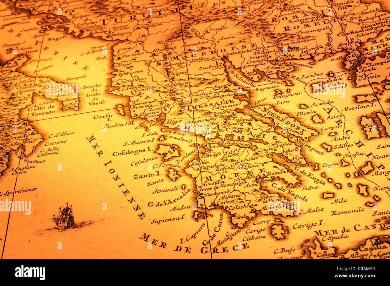 Carte ancienne de la Grèce, la Macédoine et le Sud de l'Italie. La carte est de 1680 et est en dehors du droit d'auteur. Banque D'Images