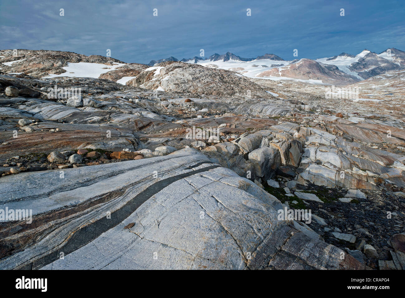 Les formations rocheuses en Mittivakkat, Glacier de l'île d'Ammassalik, dans l'Est du Groenland, Greenland Banque D'Images