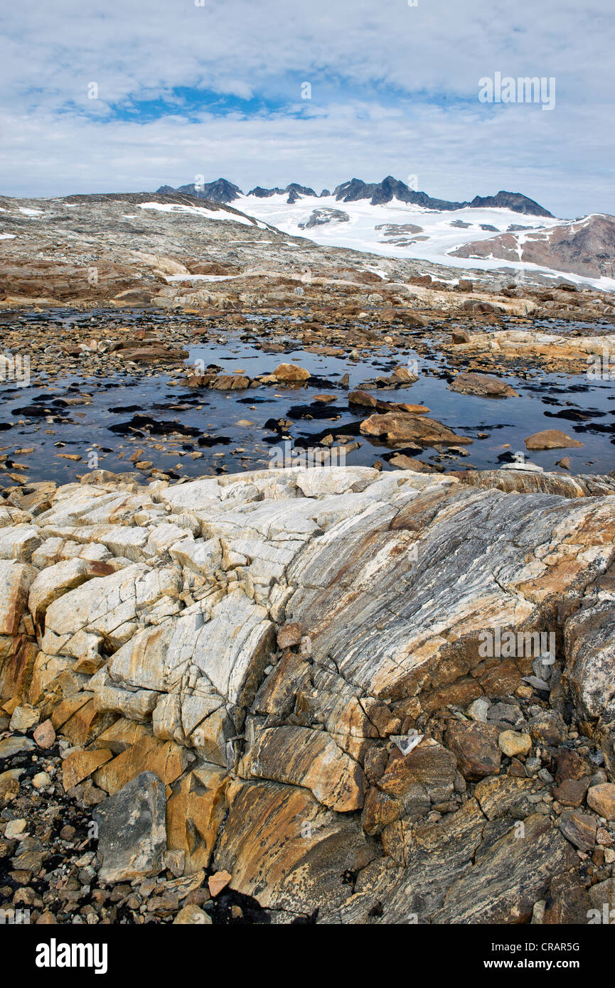 Formations sur l'Mittivakkat Rock Glacier, péninsule d'Ammassalik, dans l'Est du Groenland, Greenland Banque D'Images