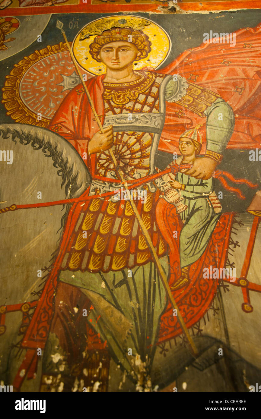 Fresque byzantine dans une grange au toit peint de l'église orthodoxe grecque, l'UNESCO World Heritage Site, Troodos, Chypre Banque D'Images