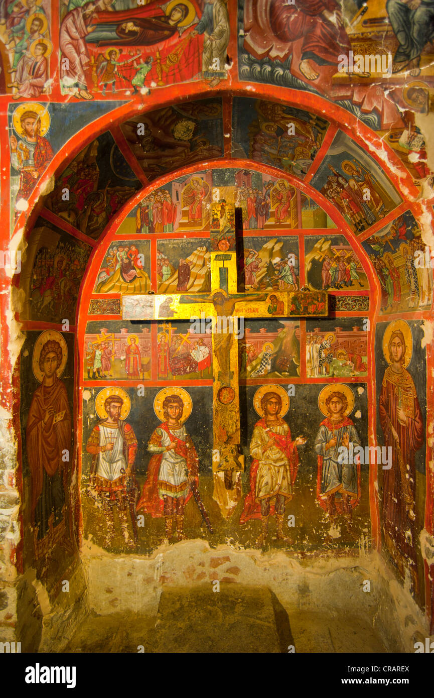 Fresque Byzantine peint d'une des au toit de grange Grec-orthodoxe peint églises dans la région au patrimoine mondial de l'UNESCO de Banque D'Images