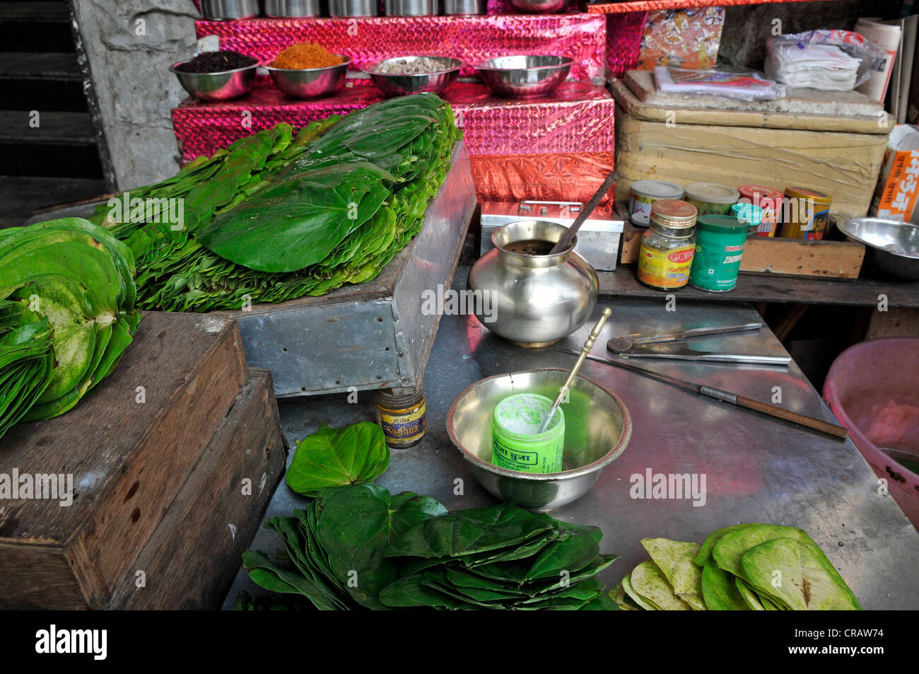Piper betle échoppe de marché offrant des feuilles, Colaba, Mumbai, Maharashtra, Inde, Asie Banque D'Images