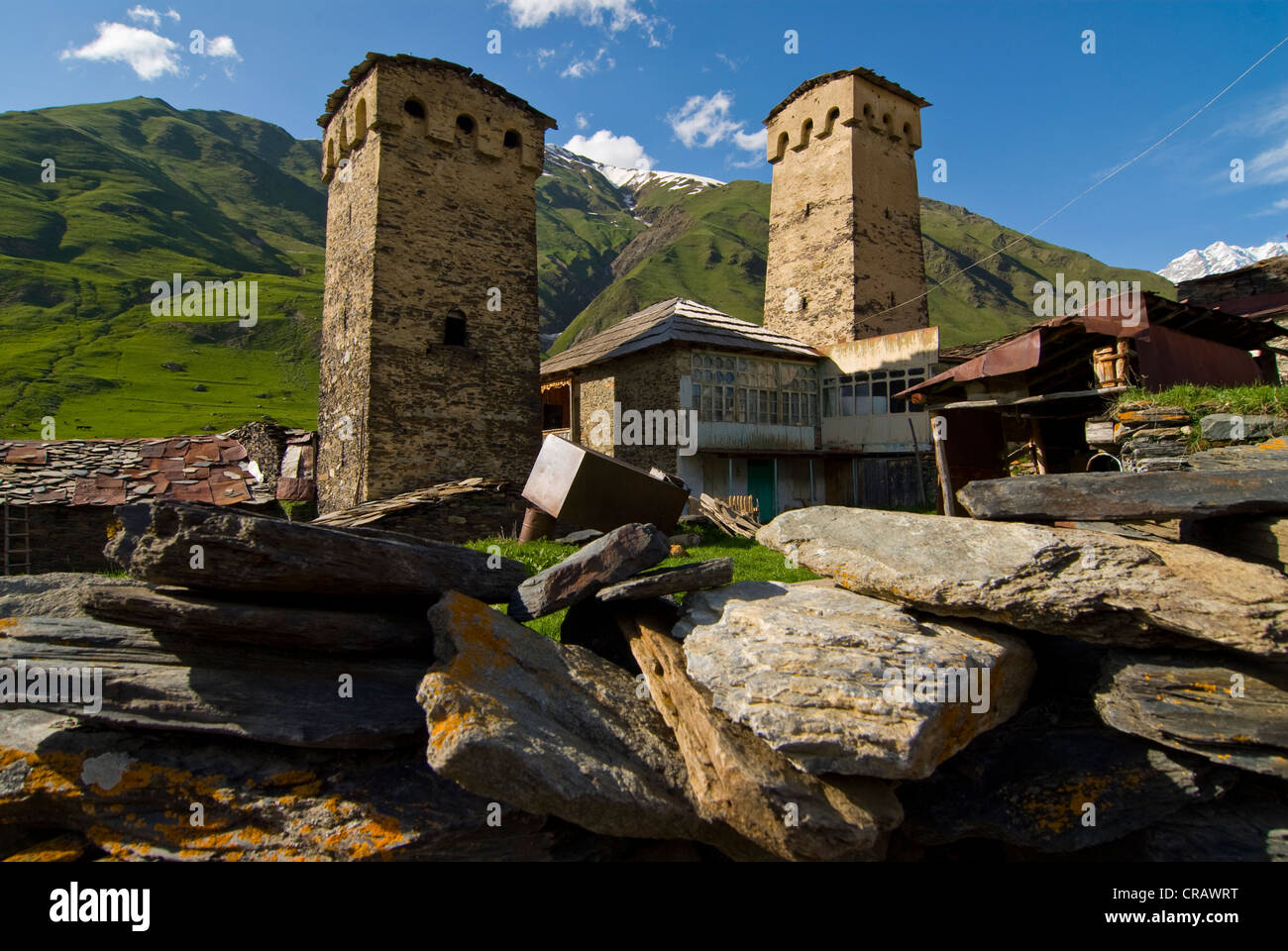 Village de montagne historique Ushguli, UNESCO World Heritage site, province de Svaneti, Géorgie, au Moyen-Orient Banque D'Images
